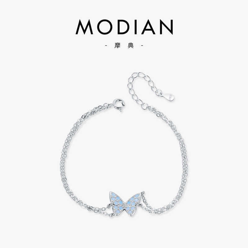MODIAN MODIAN s925 เงินอ่อนโยนประณีตโรแมนติกคริสตัลผีเสื้อสร้อยข้อมือออกแบบสร้อยข้อมือโซ่สองชั้นหญิง