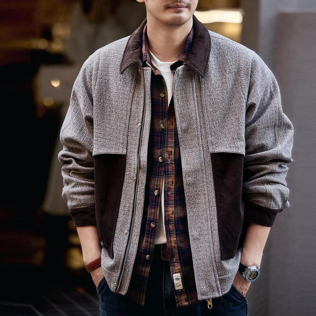 High-End อเมริกันสีจับคู่แจ็คเก็ตผู้ชายฤดูใบไม้ร่วง Street สวมใส่หลวม Ruffian หล่อปกเครื่องมือ Casual Top