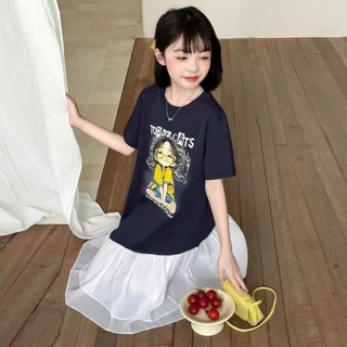 Akaki🌼 ชุดเดรสเด็กผู้หญิงแฟชั่นฤดูร้อนปี 2026 สไตล์ใหม่ กระโปรงประกบแขนสั้นเด็กขนาดกลางและใหญ่ กระ