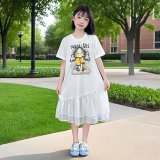 Akaki🌼 ชุดเดรสเด็กผู้หญิงแฟชั่นฤดูร้อนปี 2026 สไตล์ใหม่ กระโปรงประกบแขนสั้นเด็กขนาดกลางและใหญ่ กระ