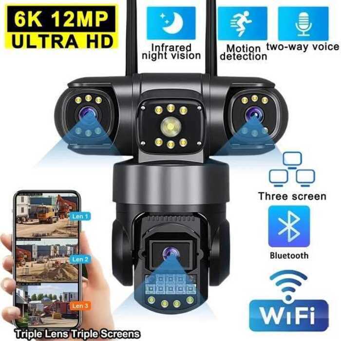 TDL สามเลนส์ 6K 12MP กล้องกลางแจ้งไร้สาย WIFI กันน้ํา 360 IP Security กล้องวงจรปิดการติดตามการเคลื่อ