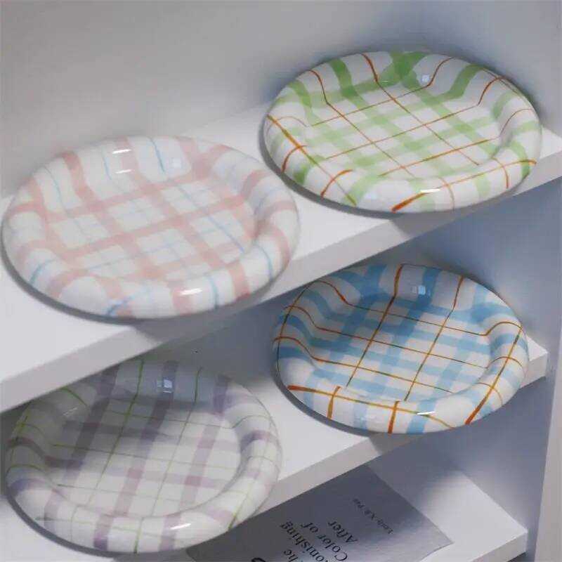 C Thick-Edged Round Ceramic Plate Art Grid Plate Dessert Plate Creative Nordic Tableware Ceramic Ma