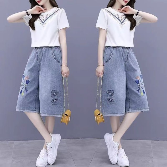 Retro ปัก Denim Cropped กางเกงผู้หญิงเอวสูง Slimmer ดูหลวม All-Match บางขากว้าง