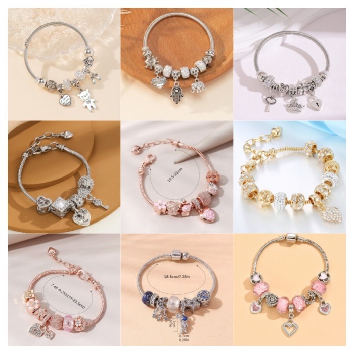สร้อยข้อมือ charm pans จากสแตนเลสและทองแดง ประดับด้วยคริสตัล สำหรับคนชอบแฟชั่น