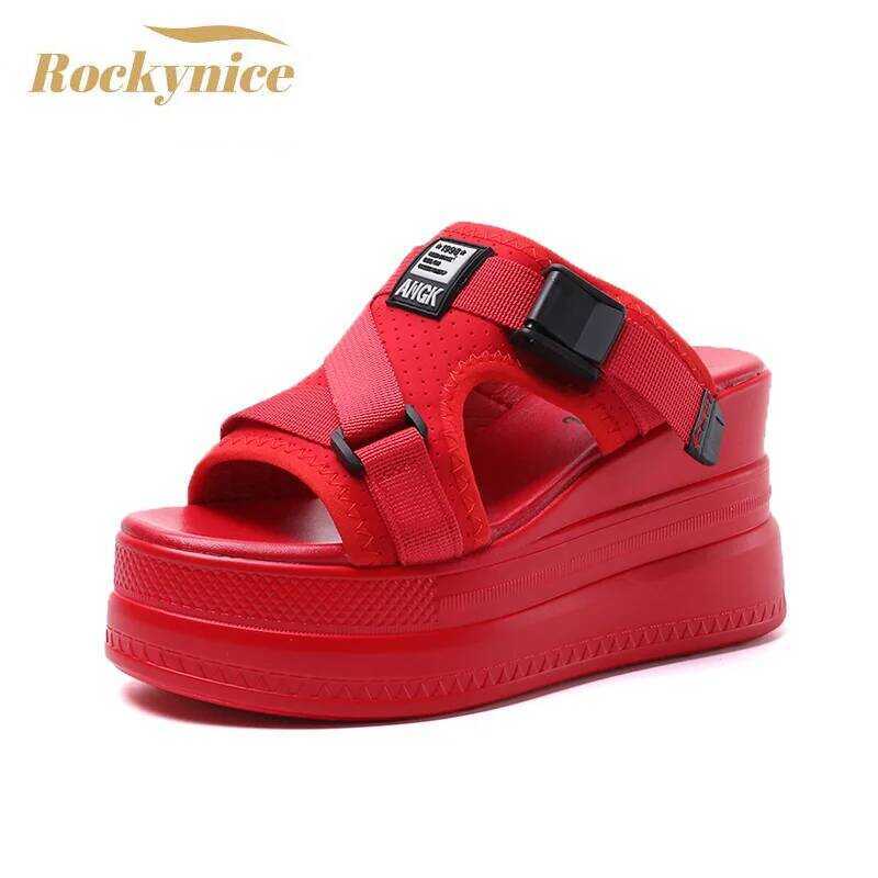 C Summer Women Buckle Slippers Flip-Ps Beach Shoes Wedge Heels Slides Woman Platform Slippers Candy