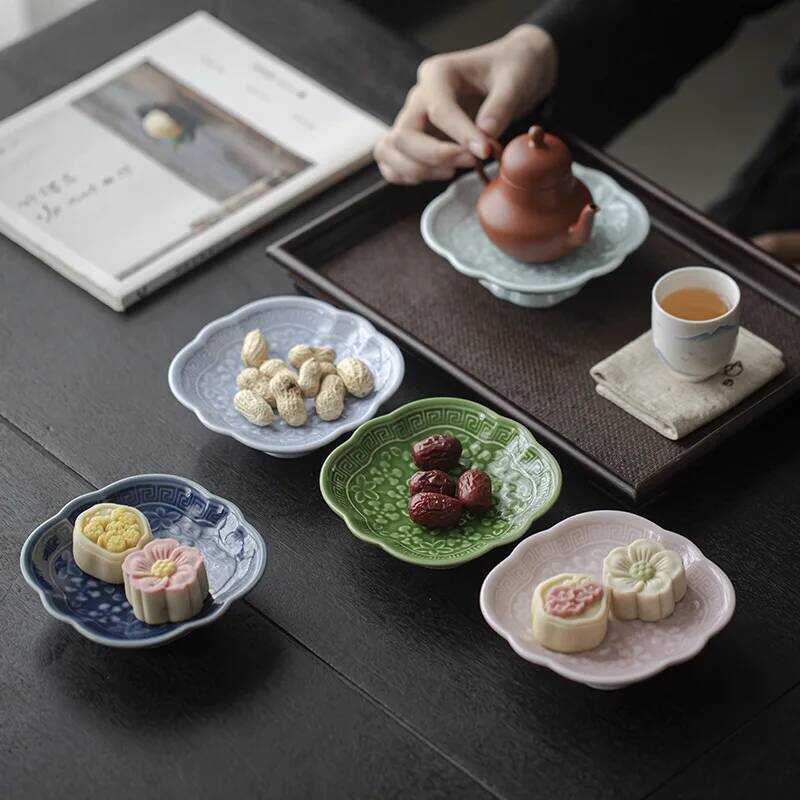 C Tradital Ceramic Chinese Style Pedestal Snack Plate Dried Fruit Dessert Serving Dish Home Party T