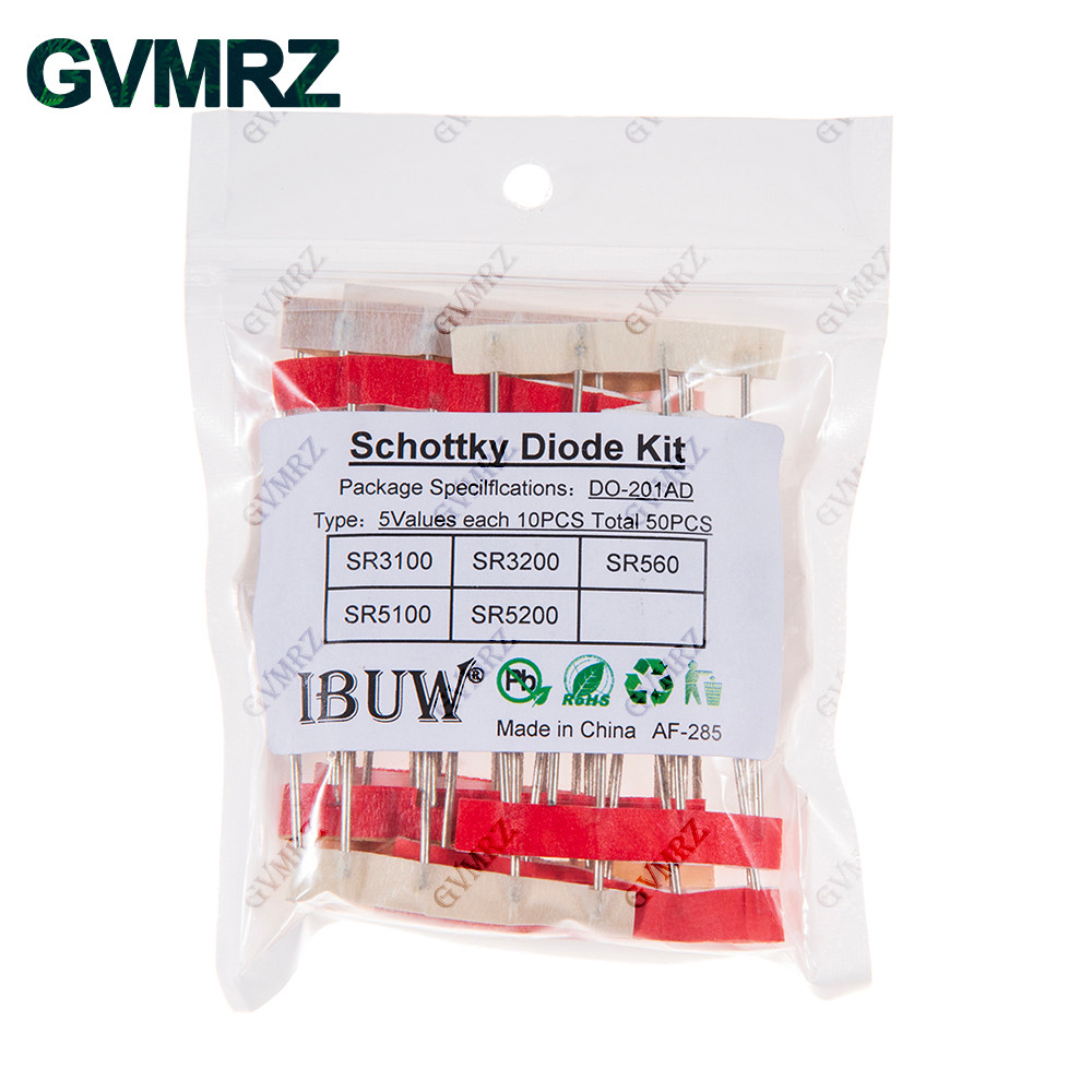 50 ชิ้น 5 ค่า Schottky Diode Kit SR3100/SR3200/SR560/SR5100/SR5200 DO-201AD สําหรับการตรวจสอบพลังงาน