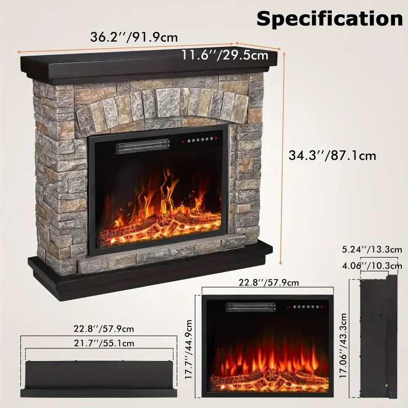 Electric Fireplace with Mantel, 36 inch Freestanding Stone Fireplace Heater TV Stand with Remote Co