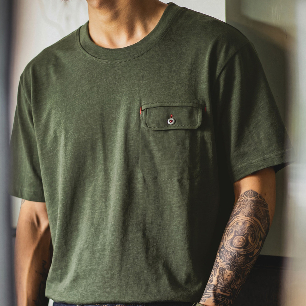 Wuluwear เครื่องมือเสื้อยืดผู้ชาย American Retro ผ้าฝ้ายแท้แขนสั้นฤดูร้อนหลวม Breathable Ami สีกากีรอบคอ Casual Top อินเทรนด์ ราคาถูก Shopee Lazada