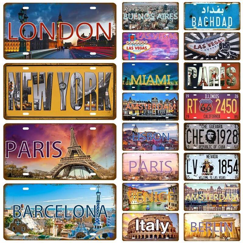 Route 66 French City Tinplate ป้ายโลหะ Retro Plaque Tinplate ป้ายผนังตกแต่งบาร์ตกแต่ง Paris Leon Mar