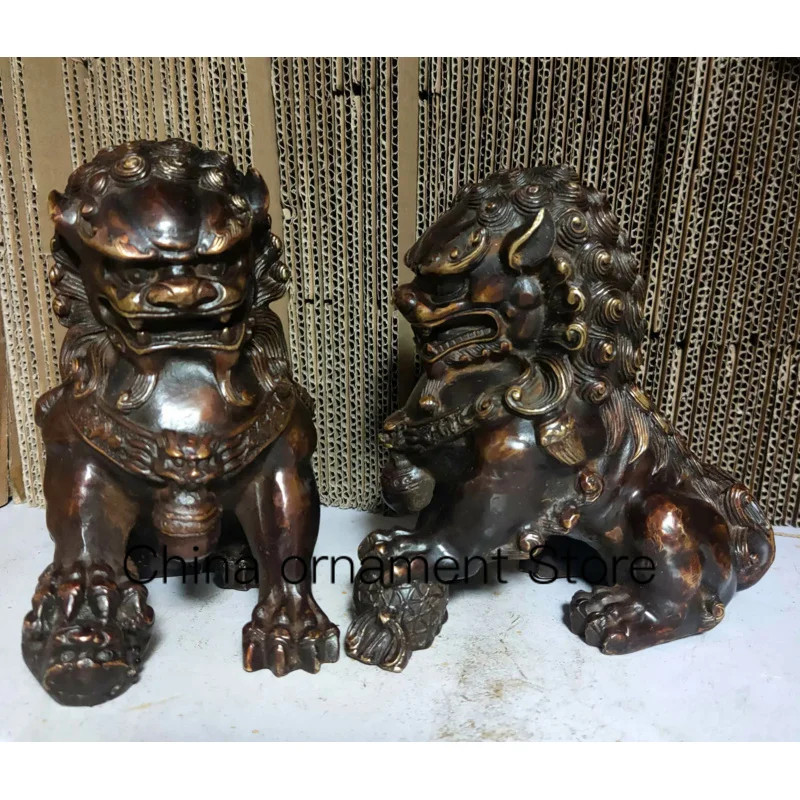 Vintage old Bronze Lions Door Fengshui Guardion Fu Foo Dogs Lion Statue Pair