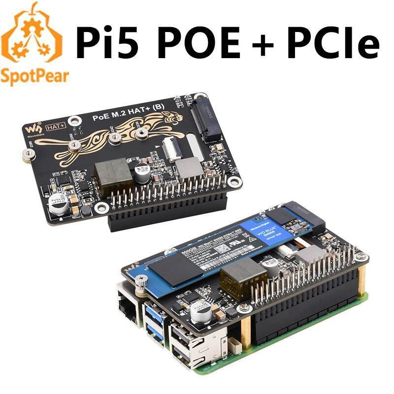 Raspberry Pi 5 PoE Power และ PCIe M.2 NVMe SSD HAT PLUS (B) 2230/2242/2260/2280 สําหรับ PI5