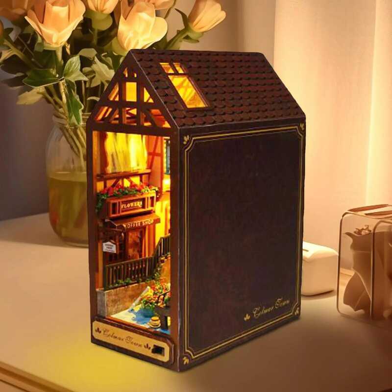 C Booknoo Kit For Adults 3D Wooden Puzzle Eduional LED House Model Puzzle For Reading Room Library