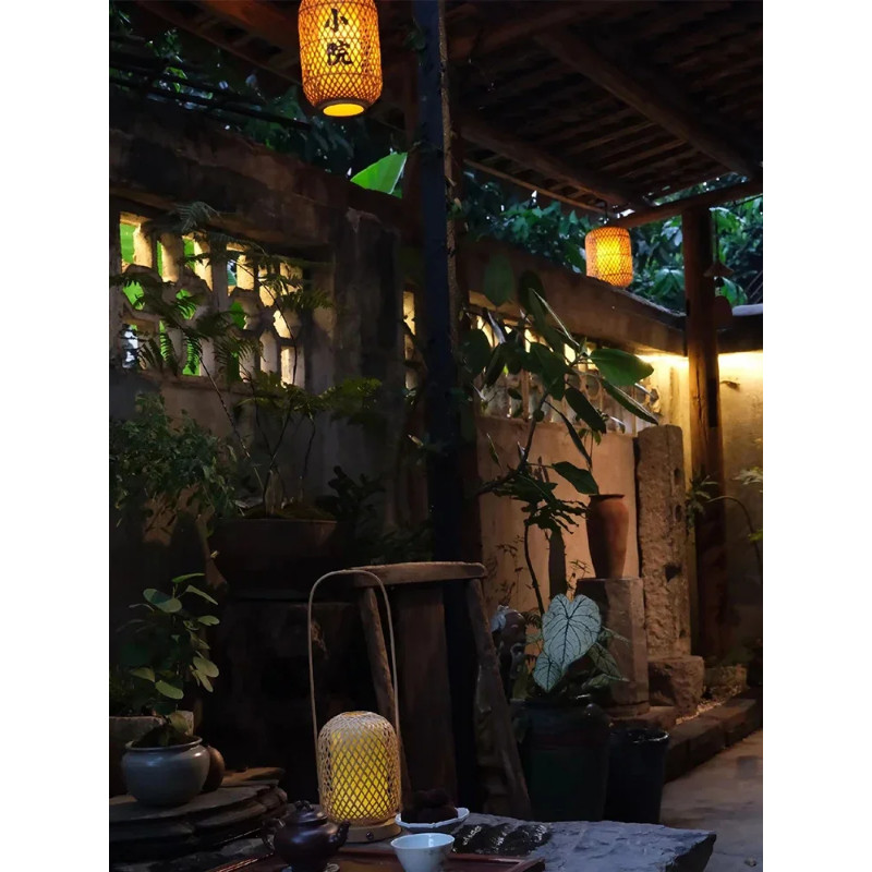 Bamboo Lanterns in Small Courtyard, Printed Waterproof and Sun Protection, Chinese Eaves Chandelier