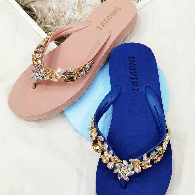 C Slippers Women Glitter Flip Ps Summer 2023 Fashion Outdoor Rhinestone Chain Wedge Beach Slippers