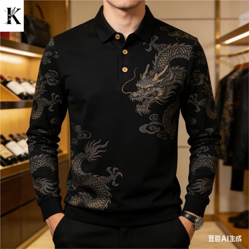 เสื้อโปโลแขนยาวผู้ชายพิมพ์ลาย 3ง: เสื้อท็อปหรูหราและลําลองที่มีลวดลายและพิมพ์สไตล์ชาติพันธุ์ที่ซับซ้อน ใส่ในชีวิตประจําวัน