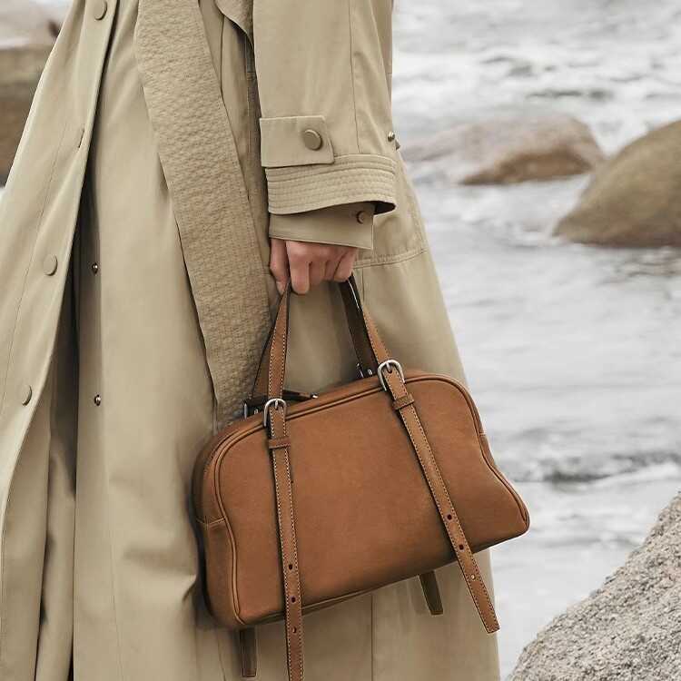 Qiuzhen กระเป๋ายัวย่าสำหรับโบว์ลิ่ง แบบเรโทร หนังแกะแท้ ขนาดใหญ่ ใส่ได้เยอะ