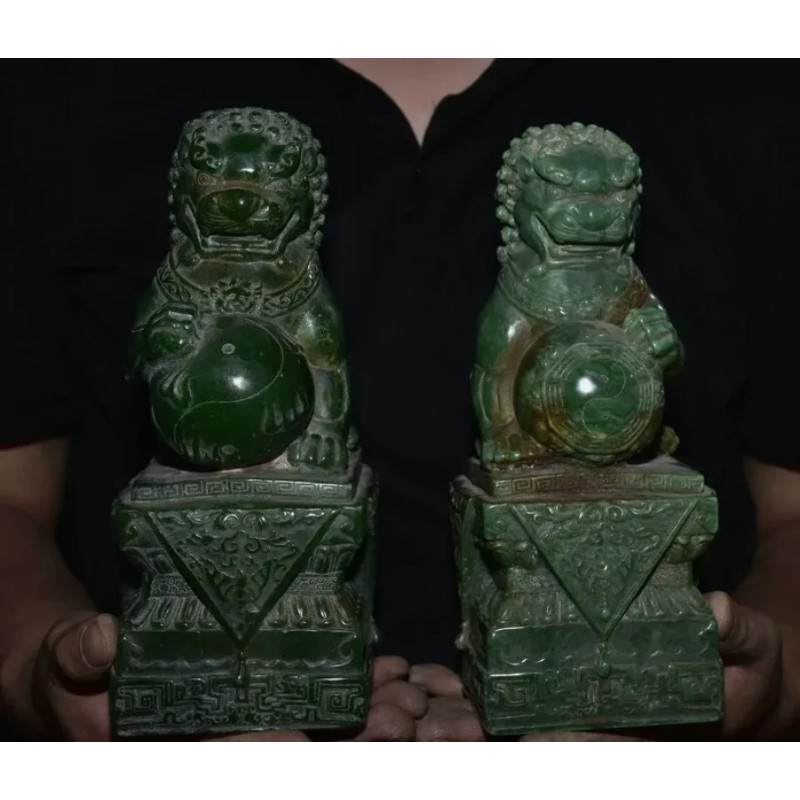8.8" Old Chinese Natural Green Jade Carving Foo Fu Dog Guardion Lion Statue Pair