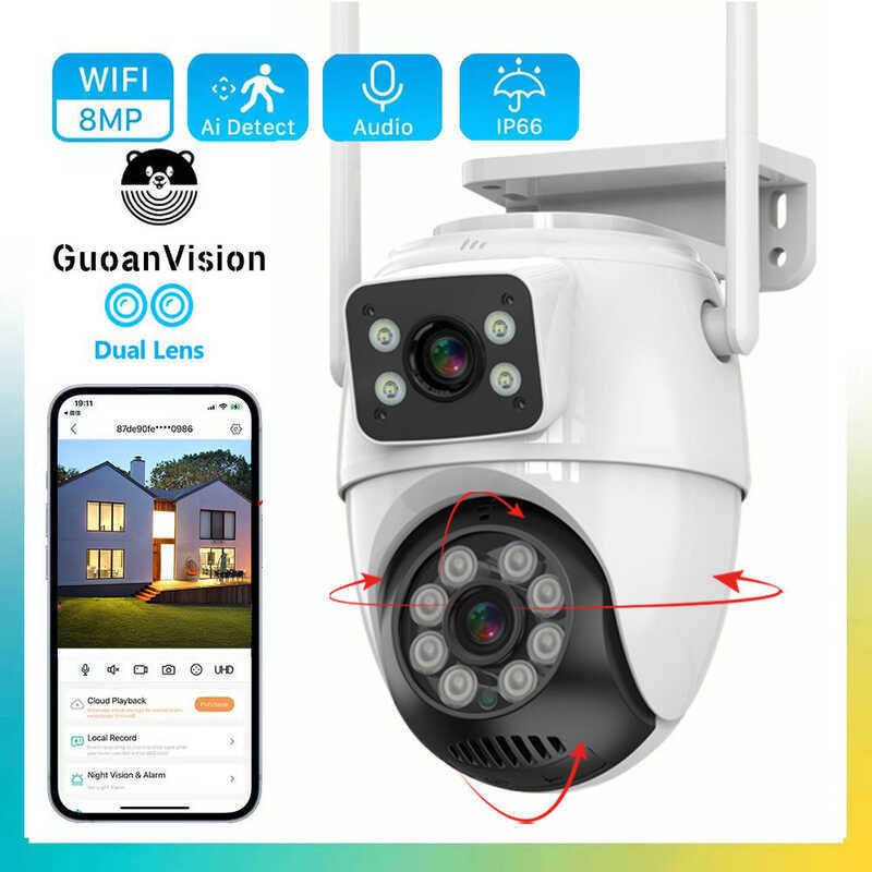 Guoan 8MP Wifi กล้องวงจรปิด HD ICSEE เอาต์พุตเสียงเลนส์คู่กลางแจ้ง AI การติดตามอัตโนมัติกล้อง PTZ Ni
