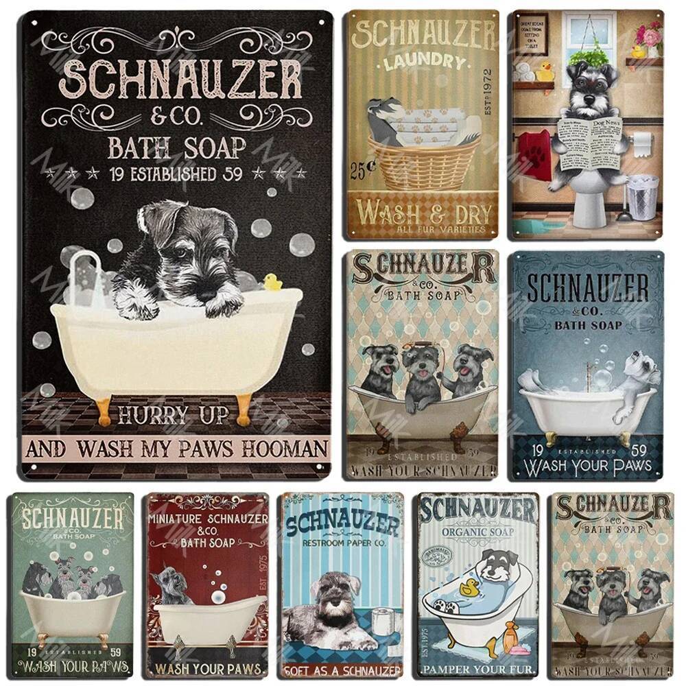 สัตว์เลี้ยงตลก Schnauzer Dog Shop Art โลหะดีบุกป้ายโปสเตอร์ผนังภาพวาดเหล็กสําหรับห้องน้ําห้องน้ําซัก