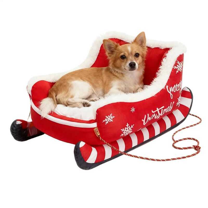 C Christmas Cat Dog Bed Winter Warm Non-Slip Base Washable Detachable Christmas Sledge Shaped Pet H