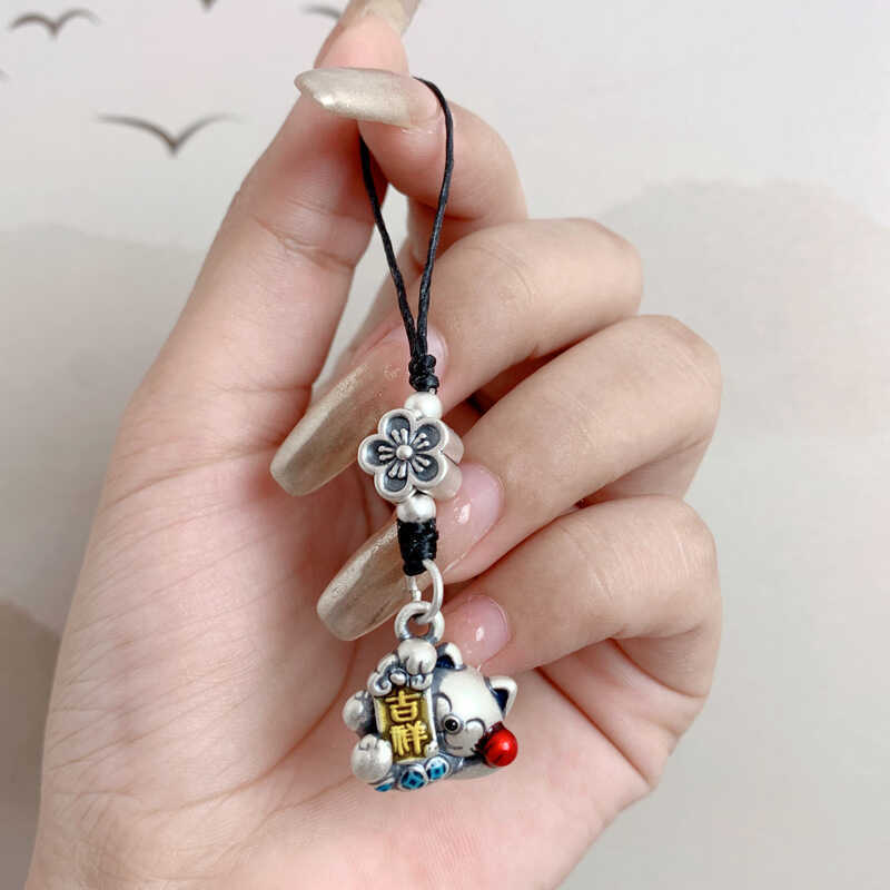 เงินแท้ 999 Lucky Cat Retro ลายดอกไม้ สำหรับตกแต่งโทรศัพท์มือถือ