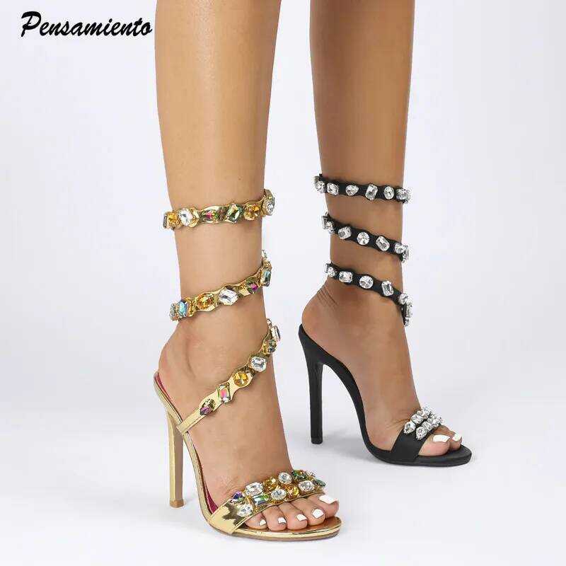 C Star Style Ury Crystal Embellished Wraparound Women Sandals Stiletto High Heels Gladiator Sandals