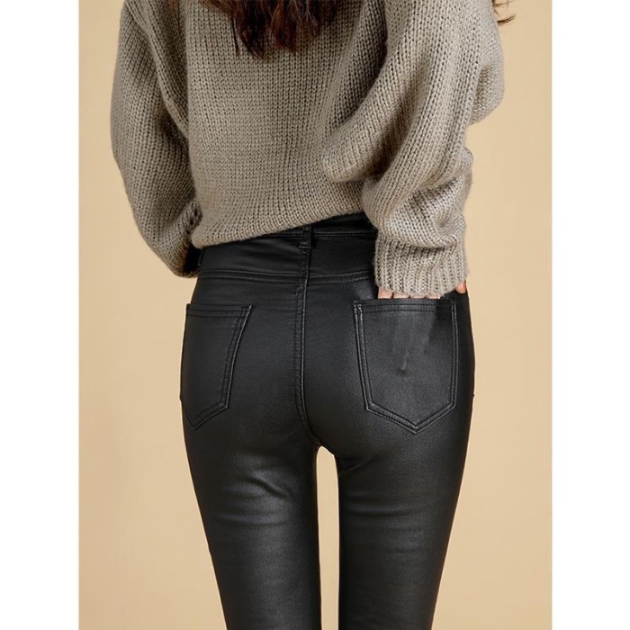 Matte Leather Pants Womens Fleece-Fleece-Fleece-Fleece Leather Pants High-