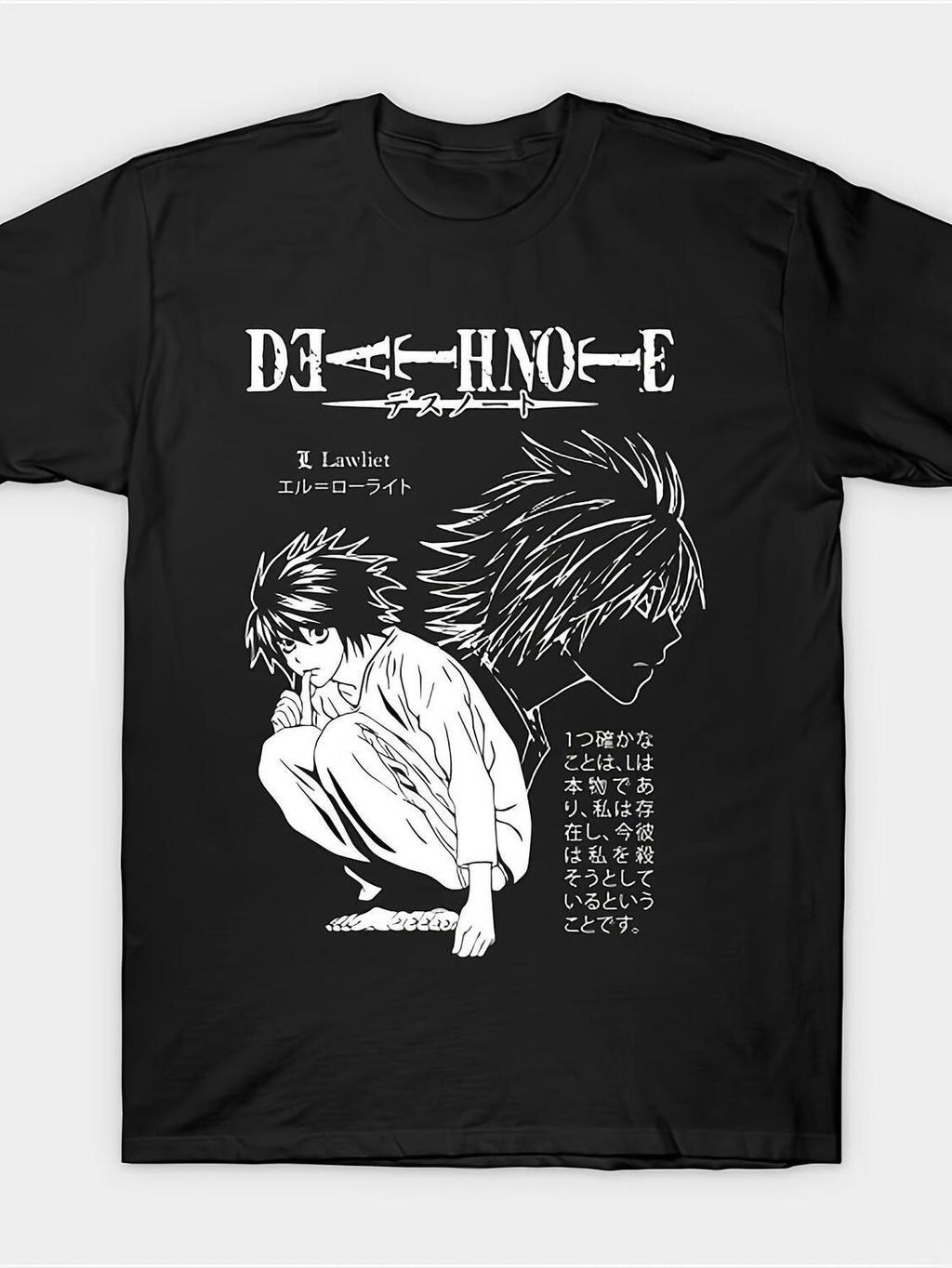 Death Note L Lawliet Anime Graphic Tee - เสื้อสีดําศิลปะมังงะสีขาว - เสื้อยืดคอลูกเรือพอดีผ่อนคลาย -