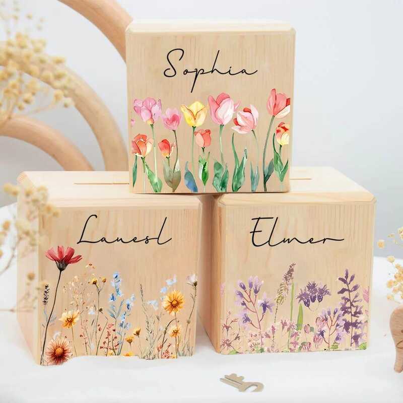 C Personalized Piggy Bank Custom Wooden Money Box With Name Fashion Wer Pattern Money Box Child Pig