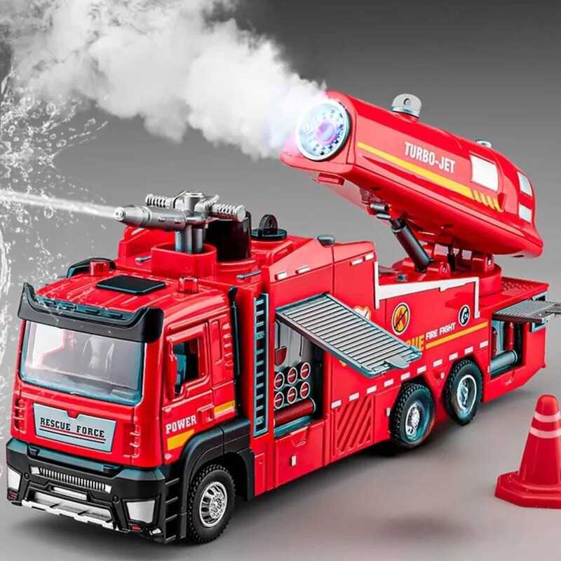 C 1:32 Scale Water Fire Truck Model Ladder Truc Sound Light Pull Back Doors Opened Vehicle Collecti