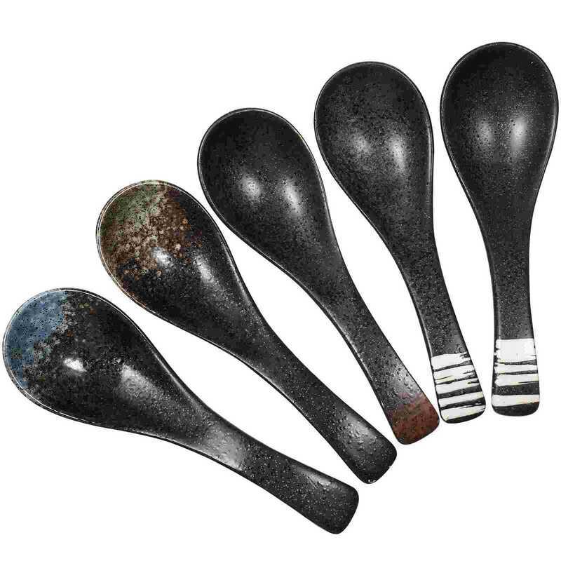 C 5Pcs Japanese Ceramic Spoon Kitchen Tableware Soup Rice Restaurant Porridge Porcelain Dining Uten
