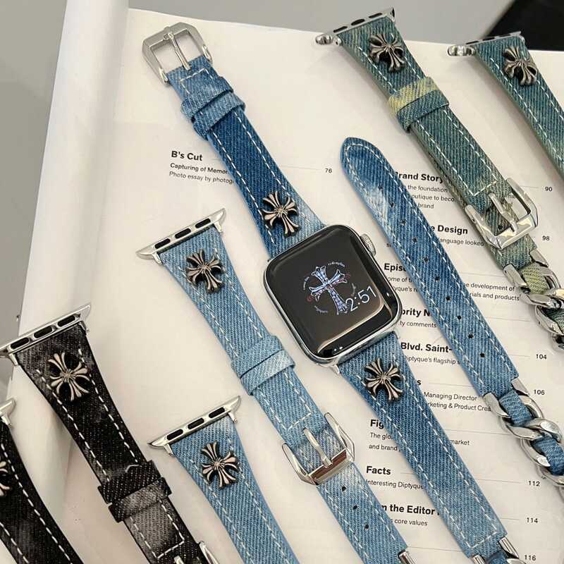 Crow Heart Double Circle Tie-Dye Denim Strap เหมาะสําหรับนาฬิกานาฬิกา iwatch11 Generation 765