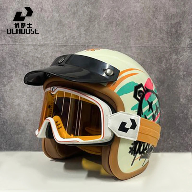 UCHOOSE Retro Motorcycle Helmet PU Leather Open Face 3/4 Chopper Bicycle Helmets Classic Casco Moto