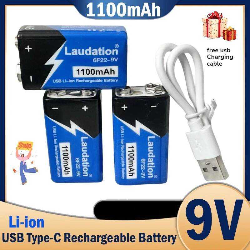 C V Battery 1100Mah USB Type-C Rechargeable 6F22 V Li-Ion Battery For Multimeter Microphone Toy Cam