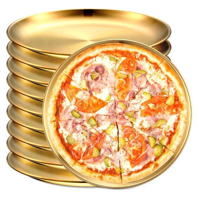 C 10Pcs Gold Stainless Steels Round Plate Rust-Proof Shallow Tray Plate Camping Plate BBQ Picnic Di