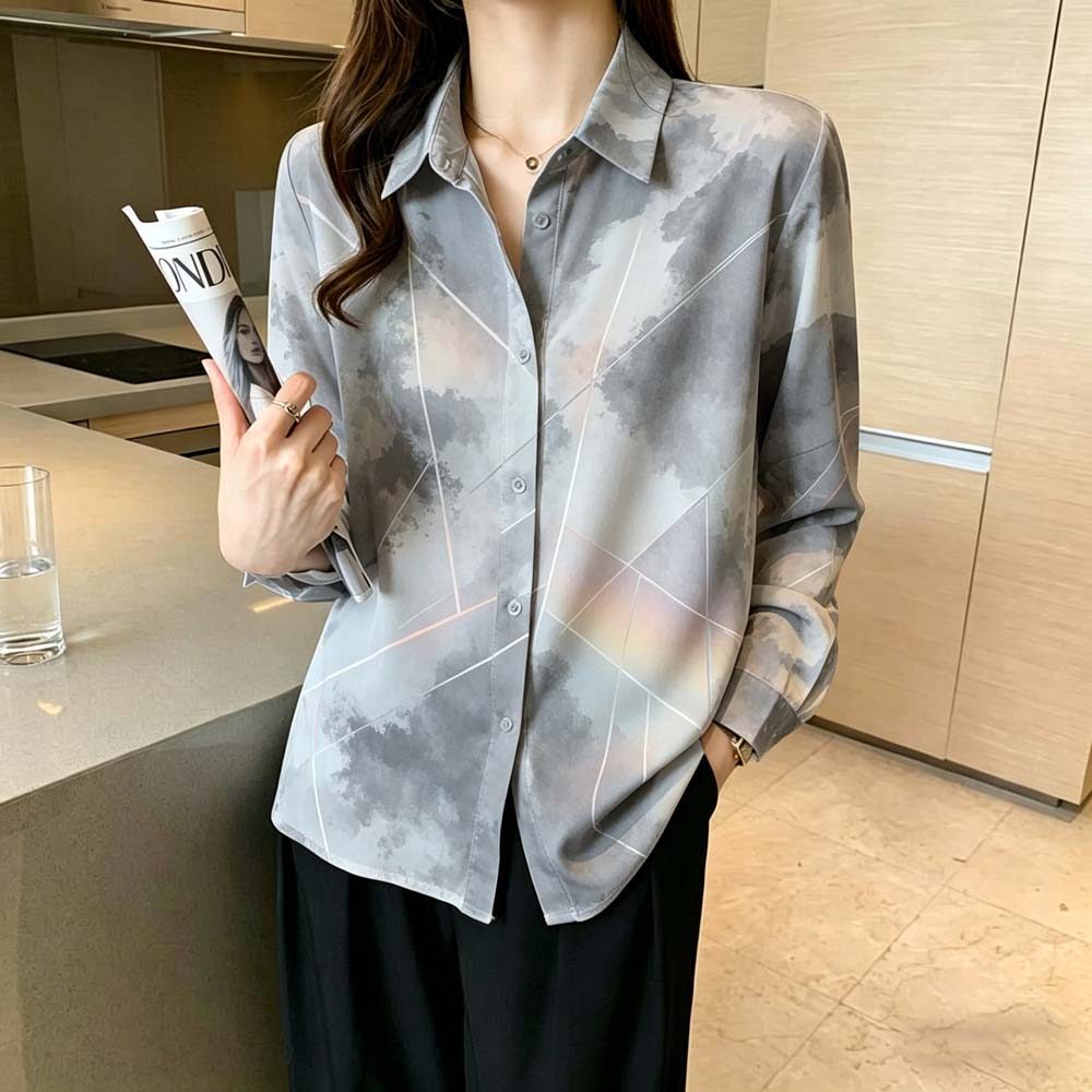 เสื้อเบลาส์แขนยาวผู้หญิงอินเทรนด์, ปุ่มพิมพ์ชนเผ่าเอิร์ธโทน, พอดีพอดีระบายอากาศทุกวันด้านบน