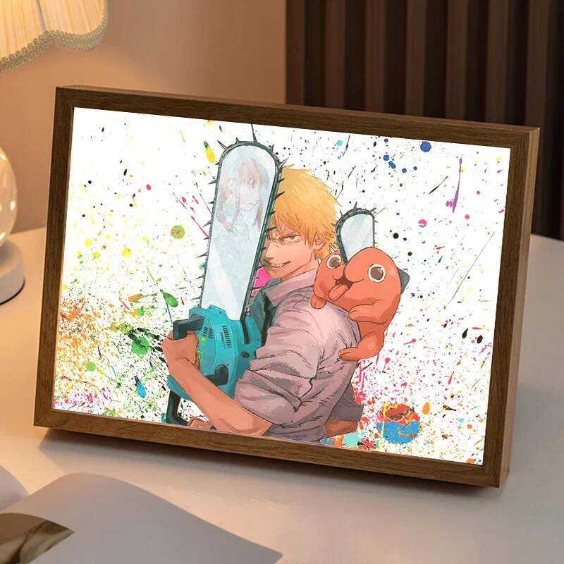 C Chainsaw Man LED Light Painting Anime Figure Denji Pochita Makima Portrait Drawing Lamp Poster Dr