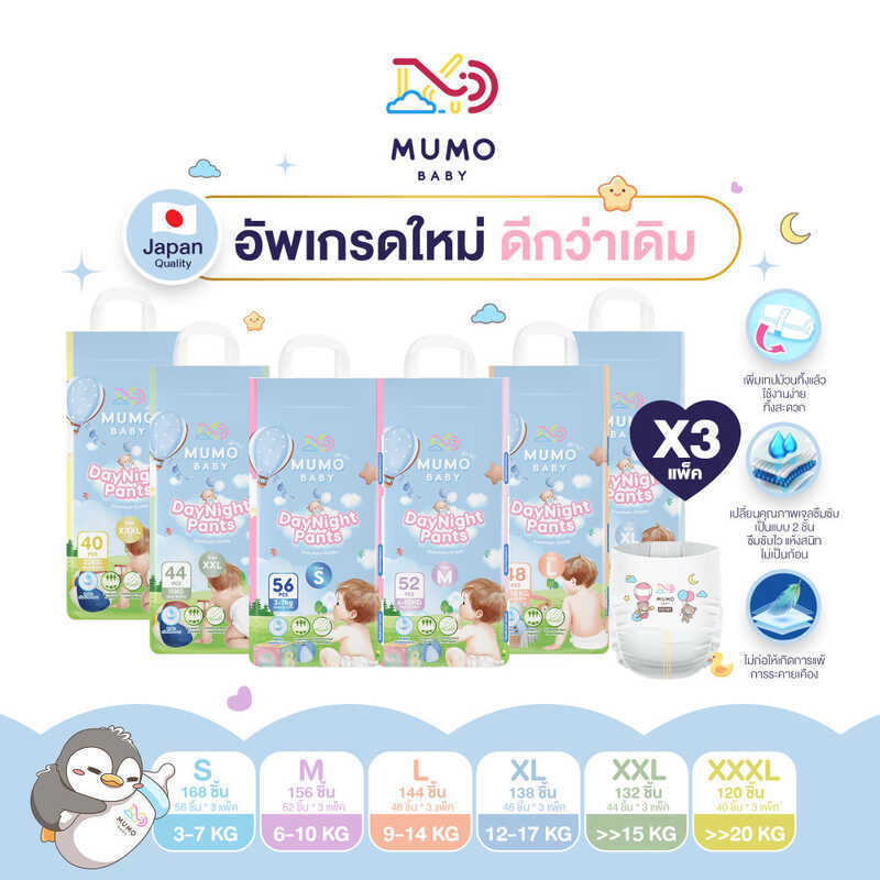 กางเกงผ้าอ้อม Day&Night Size S-3XL 3 แพ็ค Mumo Baby Pampers สุดคุ้ม