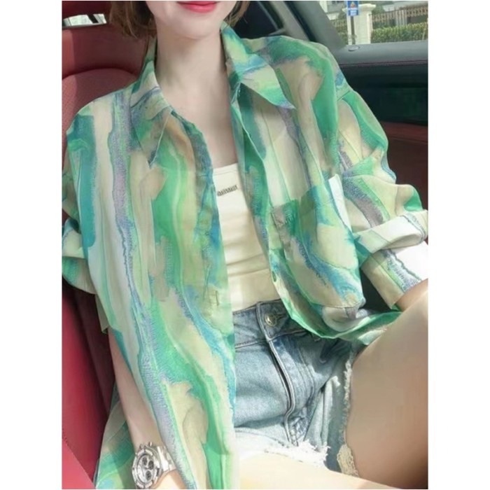 สีเขียวสไตล์บางครีมกันแดดเสื้อผู้หญิงฤดูร้อนแฟชั่นหลวมเสื้อลําลอง