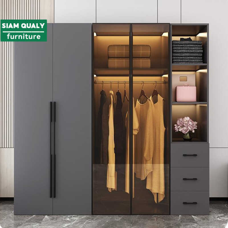 Modern Wardrobe Glass Door Closet Luxury Bedroom Storage Simple Style Customizable