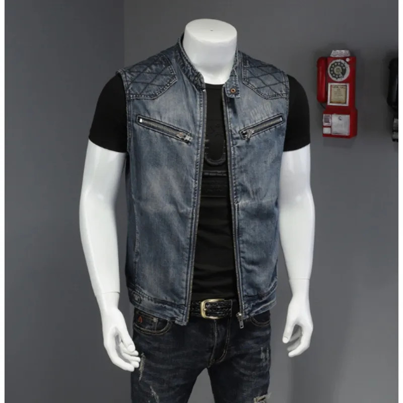 Mens Stand Collar Motorcycle Biker Denim Vest Vintage Zipper Cowboy Wasitcoat Men Casual Cotton Sle