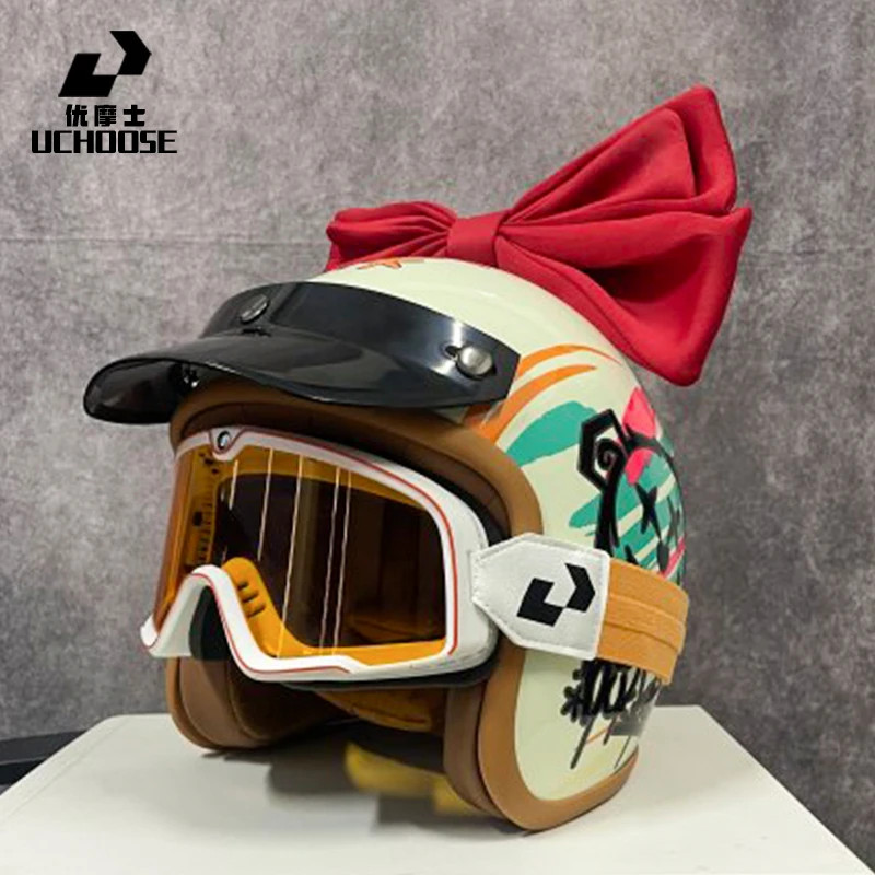 UCHOOSE Retro Motorcycle Helmet PU Leather Open Face 3/4 Chopper Bicycle Helmets Classic Casco Moto