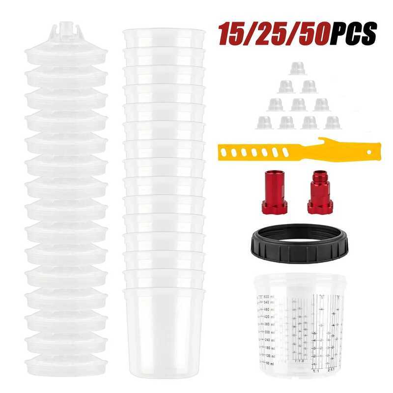 15/25/50 ชิ้นผสม H/O Quick Spray Gun Tank 20.3oz/600ML ถ้วยทิ้งพร้อมอะแดปเตอร์และสี Stick