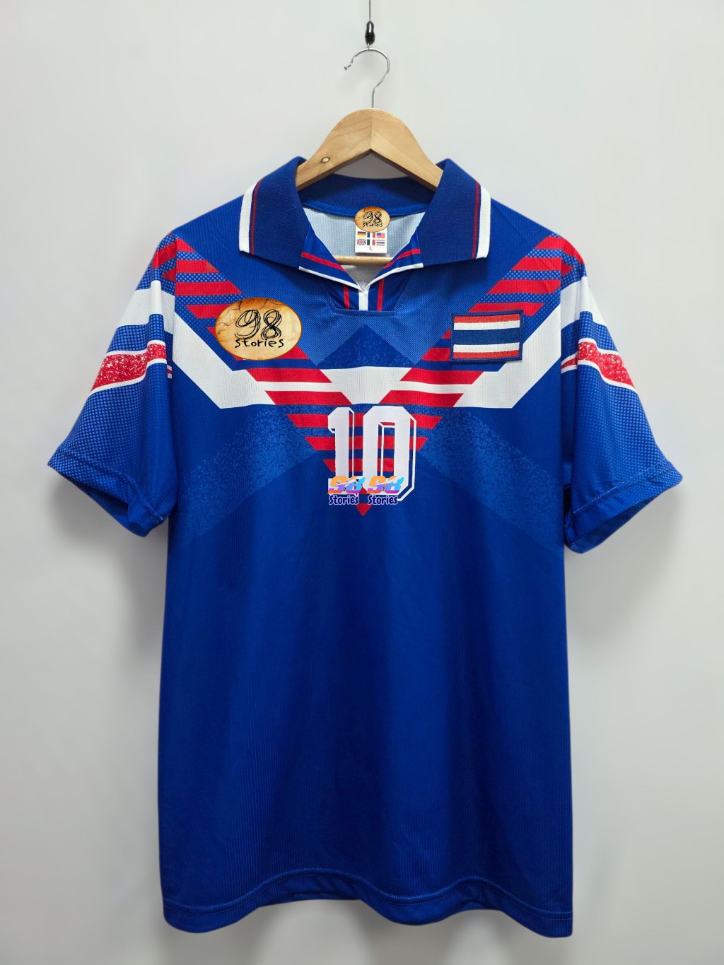 เสื้อบอลย้อนยุค ทีมชาติไทย 1999 ซีเกมส์บรูไน สีน้ำเงิน พร้อมสกรีนชื่อเบอร์ 13, 10, 11, 17