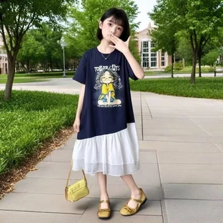 Akaki🌼 ชุดเดรสเด็กผู้หญิงแฟชั่นฤดูร้อนปี 2026 สไตล์ใหม่ กระโปรงประกบแขนสั้นเด็กขนาดกลางและใหญ่ กระ