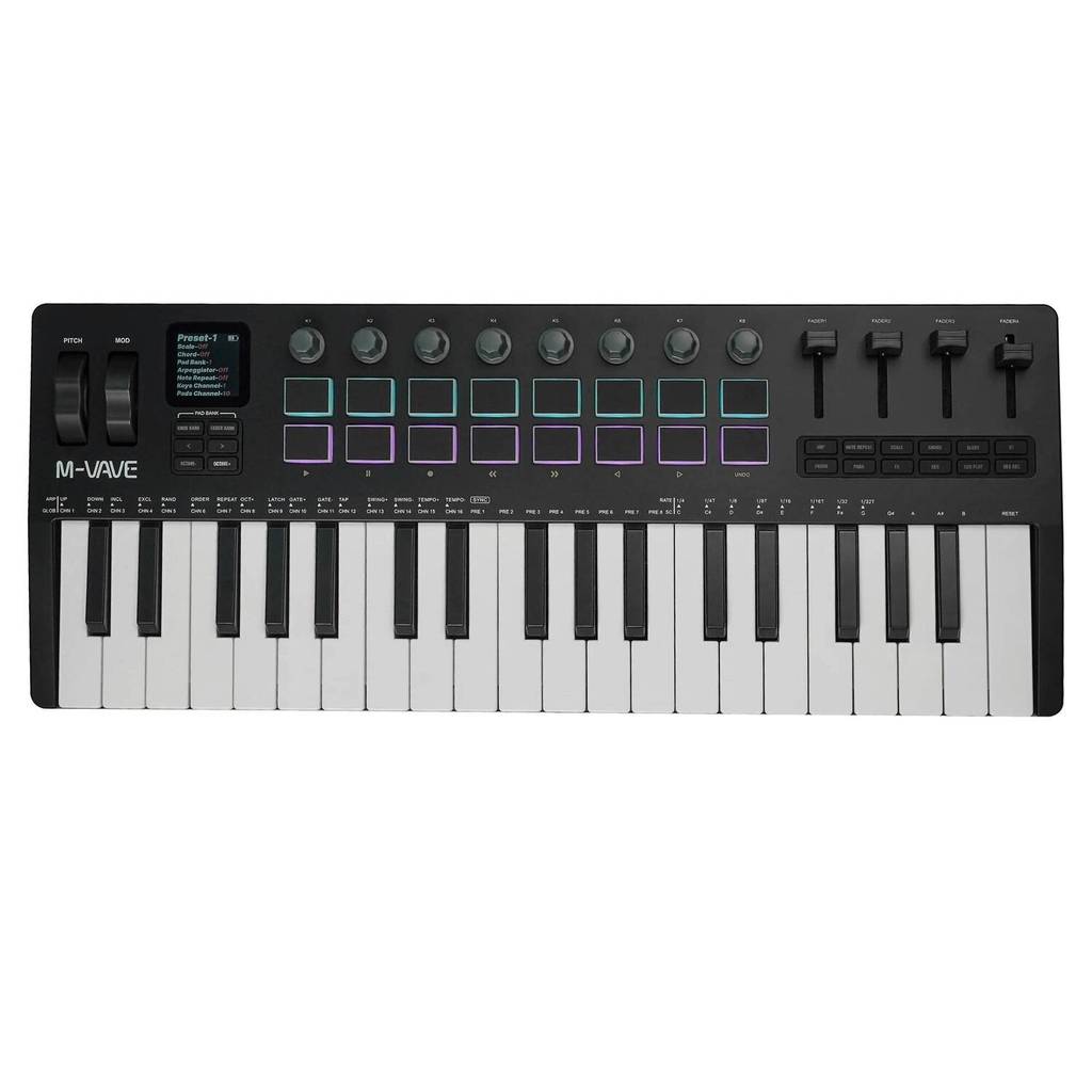 M-vave SMK-37 PRO 37 คีย์ MIDI คีย์บอร์ด 16 แผ่น RGB 4 Faders 8 Encoders ในตัว DX-7 FM Synth เครื่อง