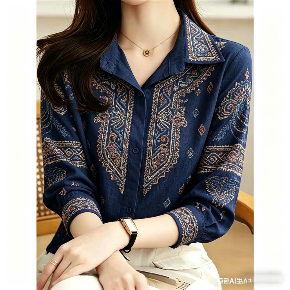 เสื้อกระดุมแขนยาวผู้หญิงเสื้อพิมพ์ลายสีน้ําสีฟ้านุ่มทรงหลวมระบายอากาศหรูหราด้านบน