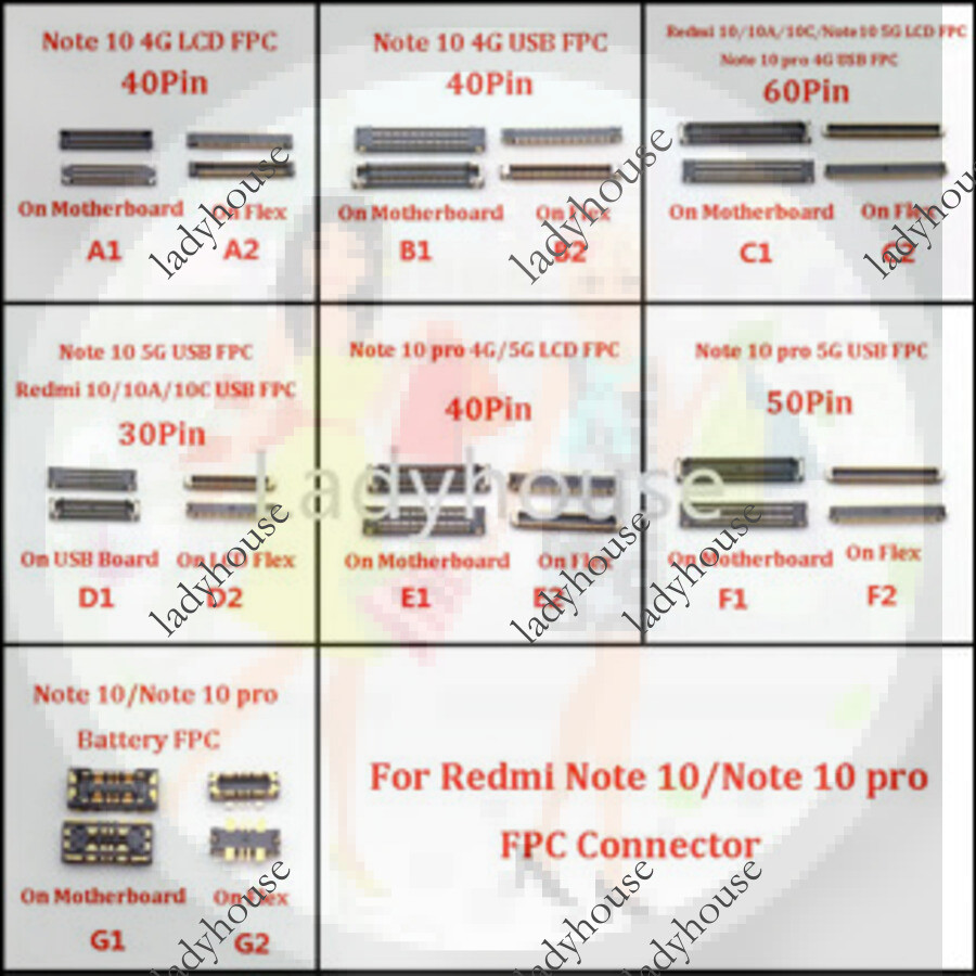 2pcs 30 40 50 60 Pin หน้าจอ LCD ชาร์จ Usb แบตเตอรี่ FPC Connector บนสําหรับ Xiaomi Redmi 10/10A/10C/หมายเหตุ 10 Pro 4G/Note10 5G