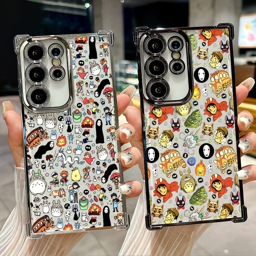 Studio Ghibli ญี่ปุ่นอะนิเมะ Spirited Away Totoro ซิลิโคนนุ่มสําหรับ Samsung S26 Ultra A57 A37 S25 FE S24 Plus S23 S22 S21 S20 ใส TPU เงินชุบ Shell